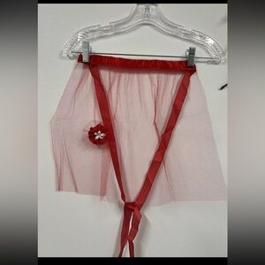 Vintage 50’s MCM Half Apron Net Sheer Hostess Red & ribbon flower Mid Century